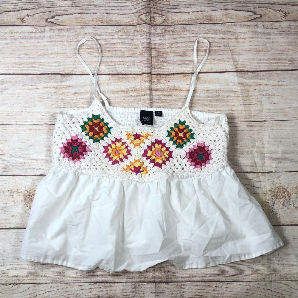 Boho Festival 100% Cotton Crochet Smocked White Tank Top with Multicolor Accents